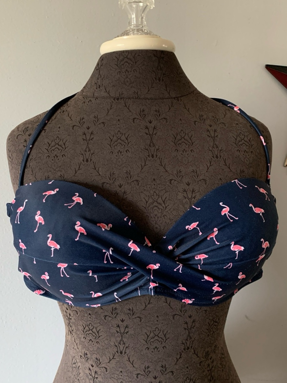 Gap Navy Blue & Pink Flamingo Pattern Bikini Top Size XL Removable Straps